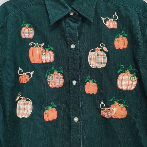 Mandal Bay Corduroy Button Up Shirt Women's Size Small Green Autumn Pumpkins - Picture 2 of 4
